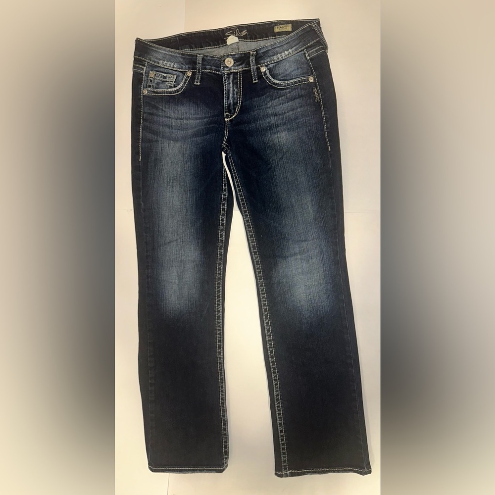 Silver Jeans Lola 17” Straight Leg Jeans Women’s Size 30/31 Low Rise Dark Wash